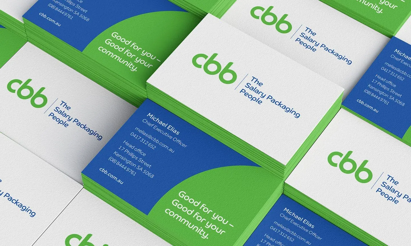 CBB business cards with the green and blue identity and The Salary Packaging People descriptor