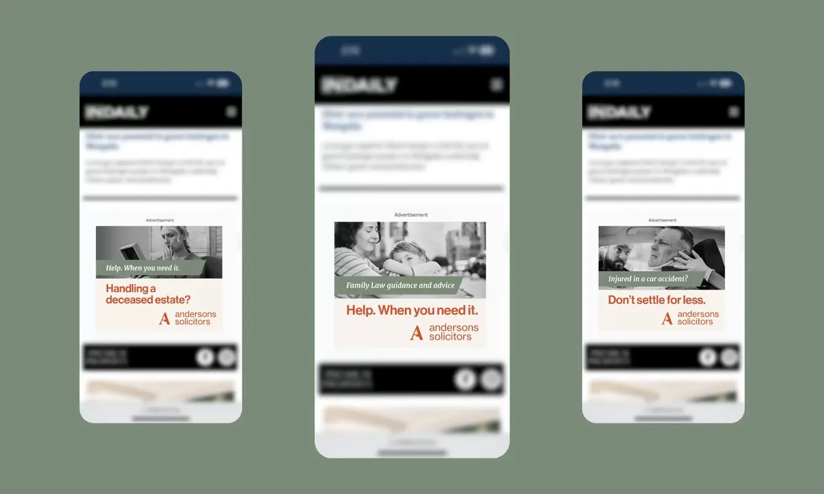 Andersons Solicitors digital advertising shown across three mobile website placements