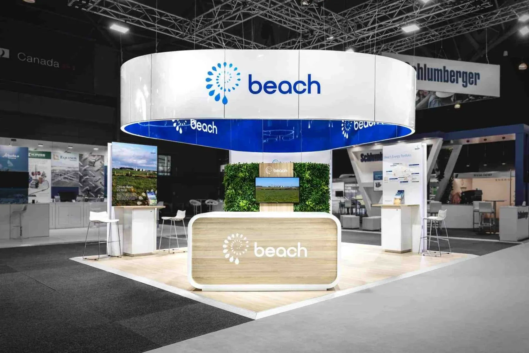 Beach Energy exhibition stand with the identity across overhead signage and reception
