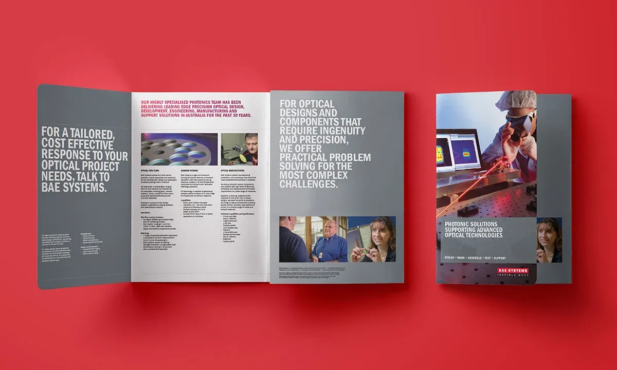 BAE Systems photonic solutions brochure showing the cover and complete fold-out design