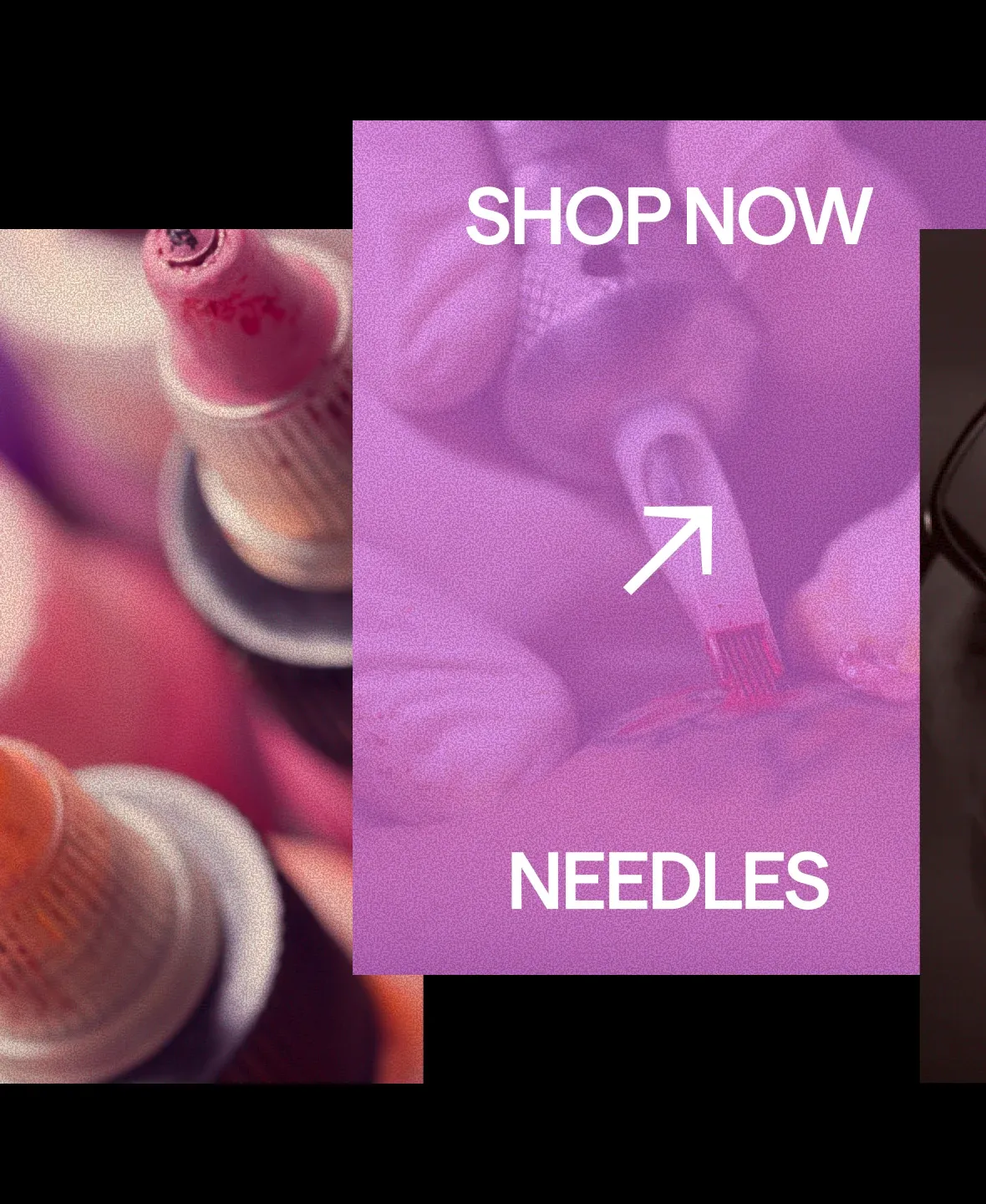 Protat product-category design combining tattoo ink photography with a lilac needles panel