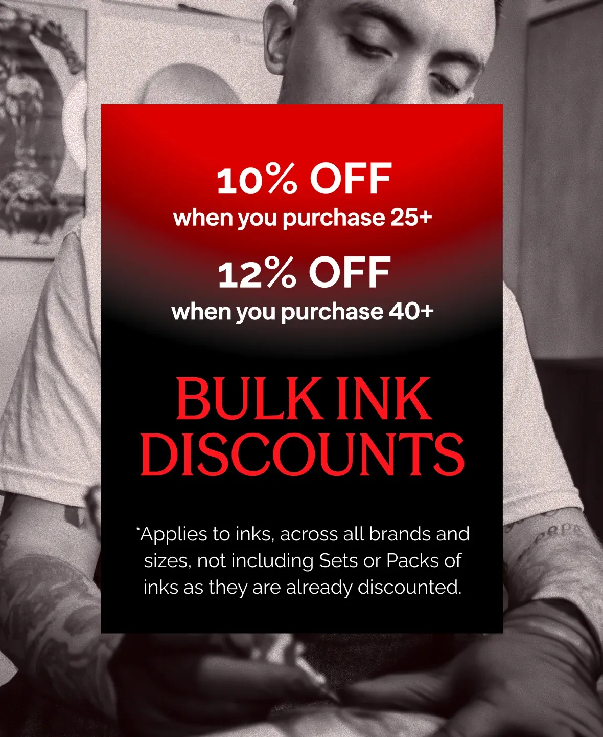 Protat bulk-ink promotion combining a red-to-black panel with tattoo artist photography
