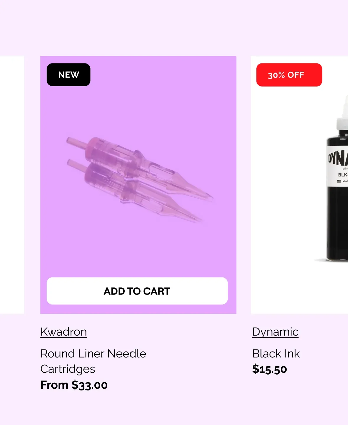 Protat product cards for Kwadron needle cartridges and Dynamic black ink