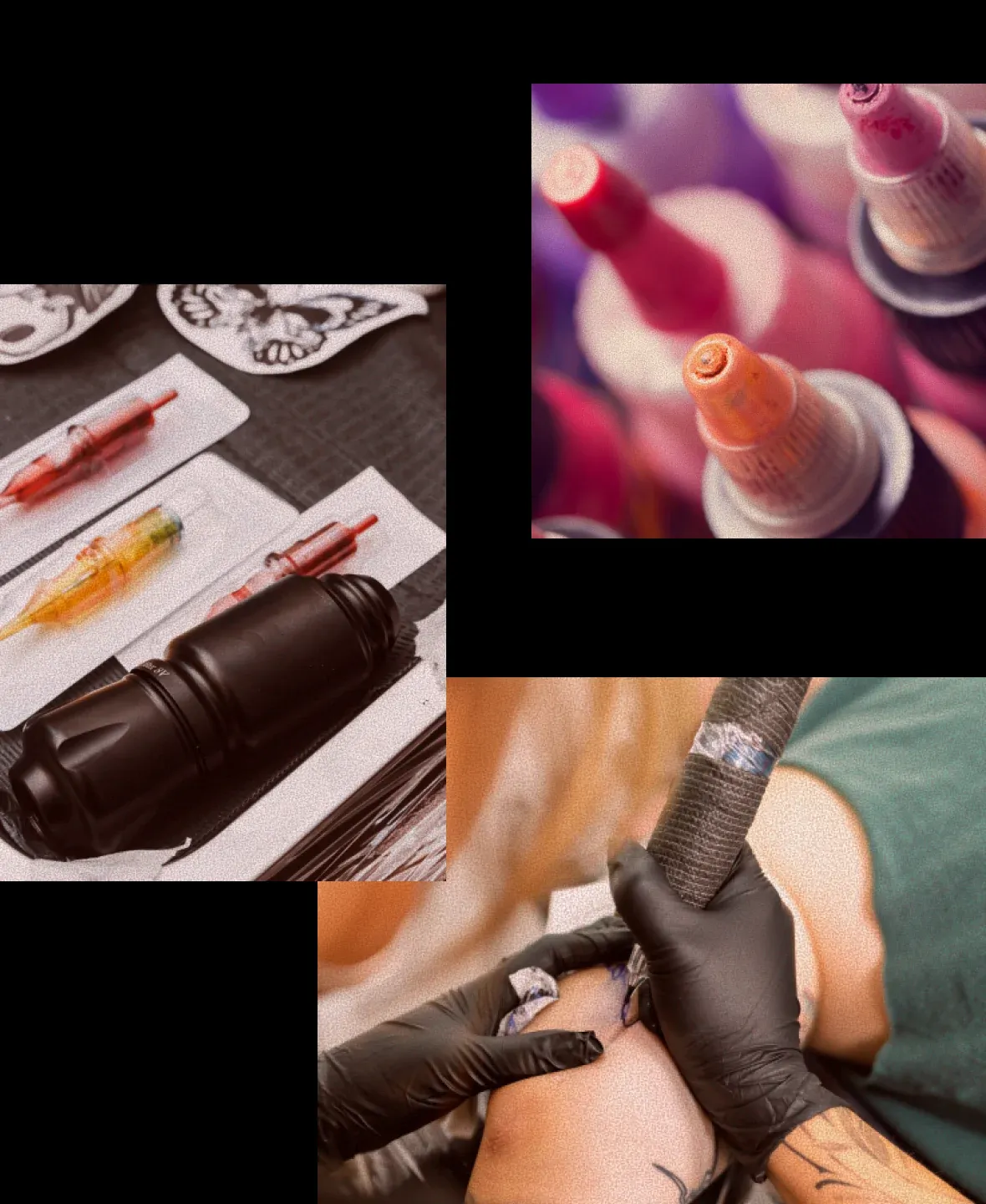 Collage of tattoo needles, colourful inks and an artist at work on a black background