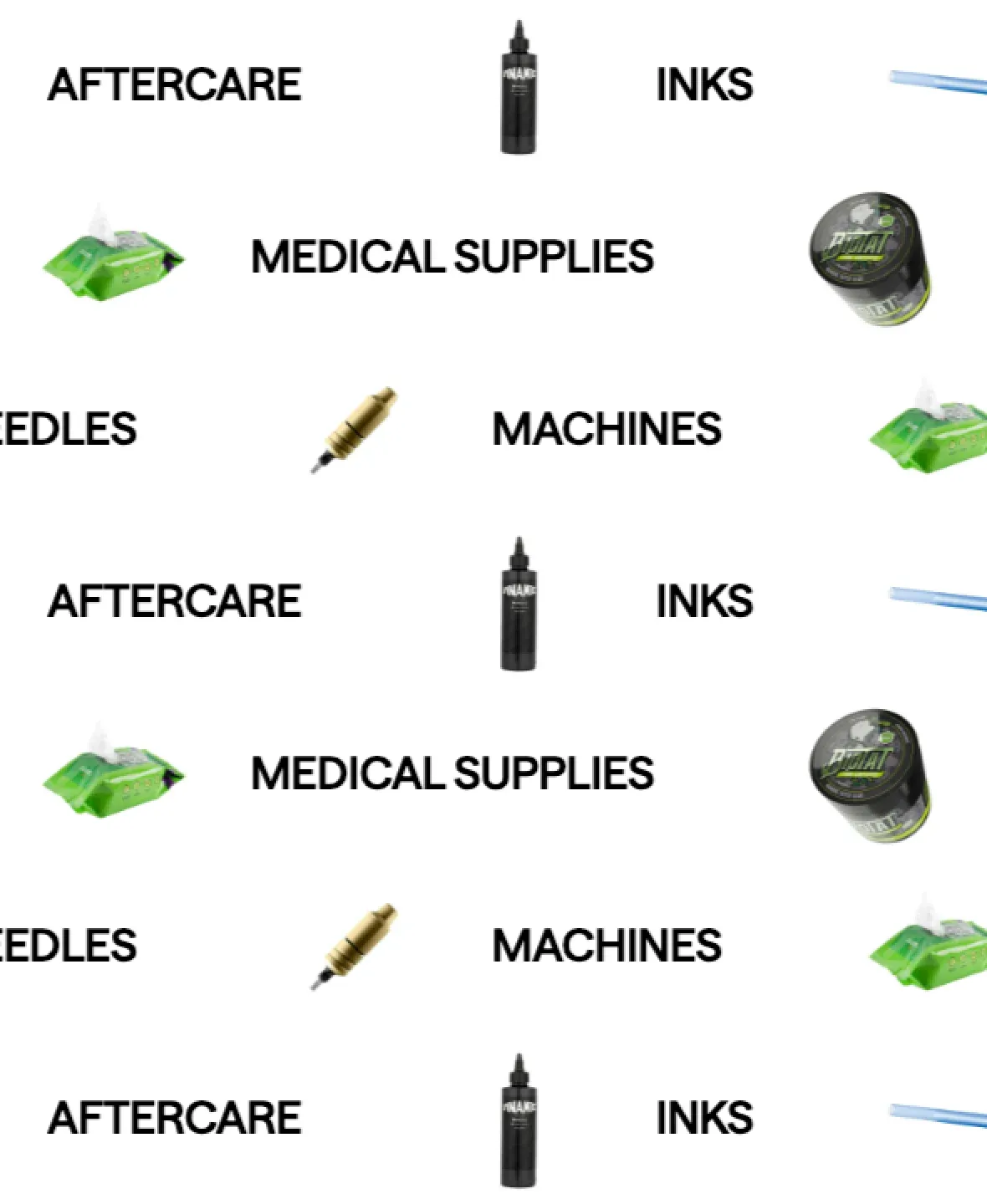 Protat product categories with aftercare, inks, medical supplies, needles and machines