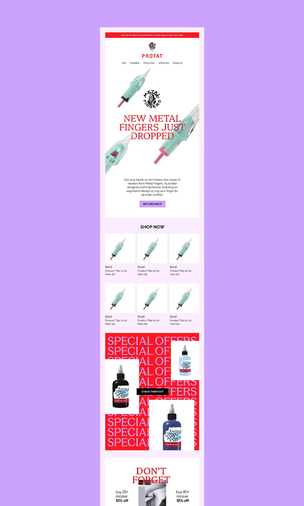 Protat email design with a Metal Fingers product launch and ink promotions on lilac