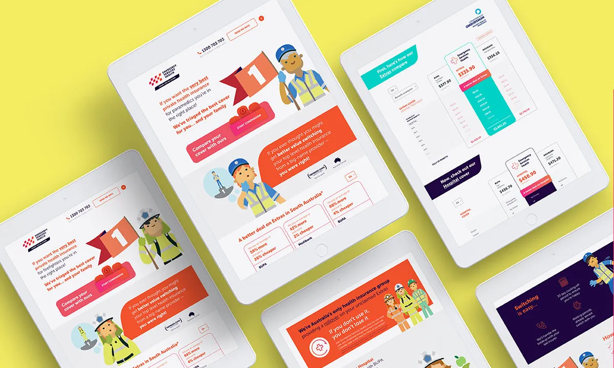 Emergency Services Health digital campaign shown across tablet screens