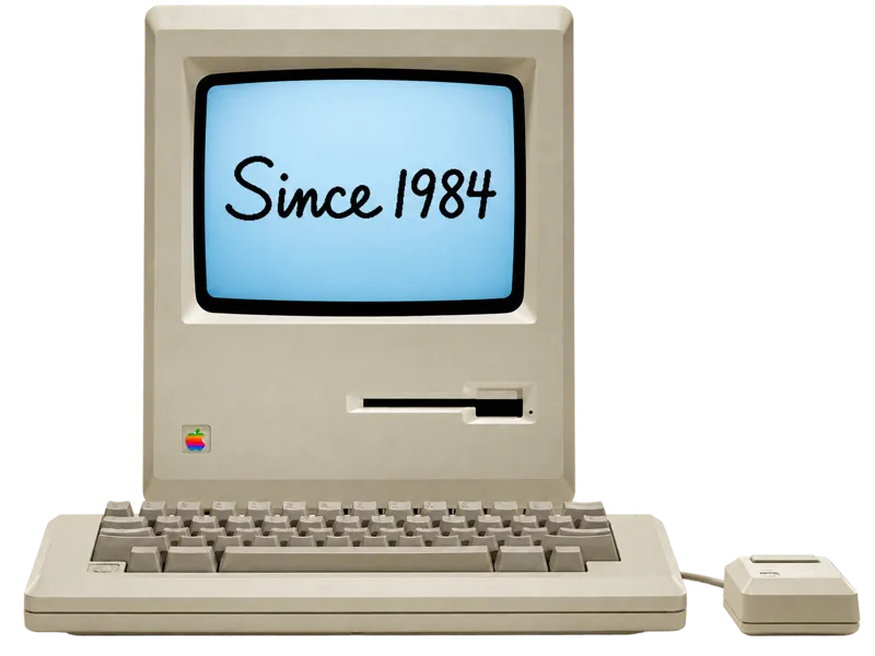 A vintage Macintosh with Since 1984 written on its screen