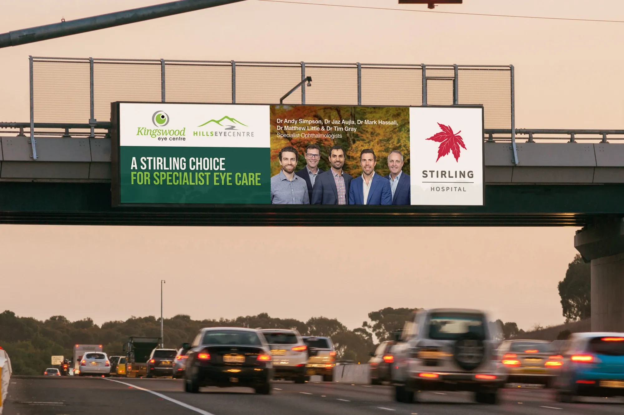Stirling Hospital and Kingswood Eye Centre specialist campaign on a roadside billboard