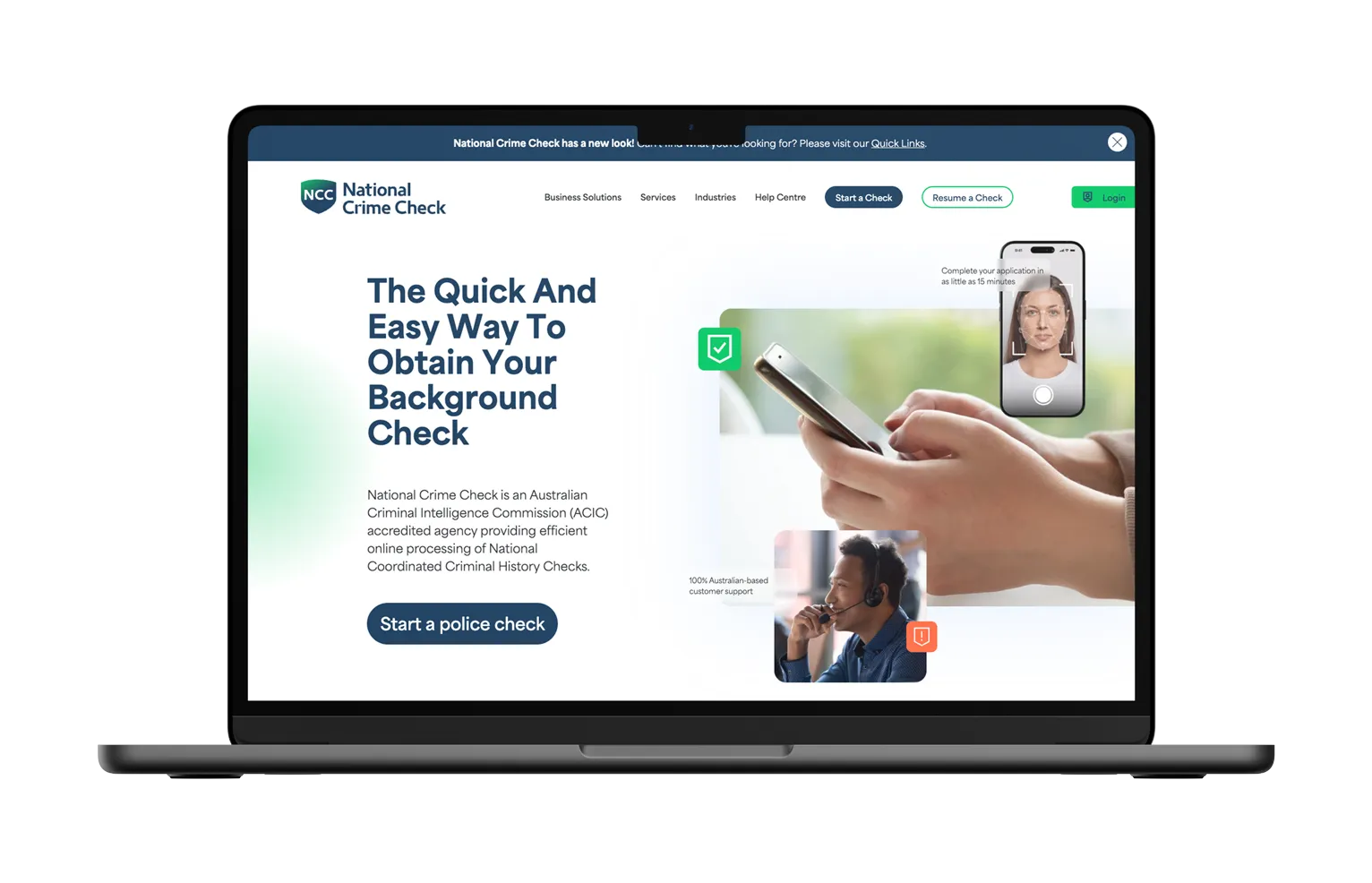 National Crime Check website created by Brighter, shown in the supplied laptop mockup