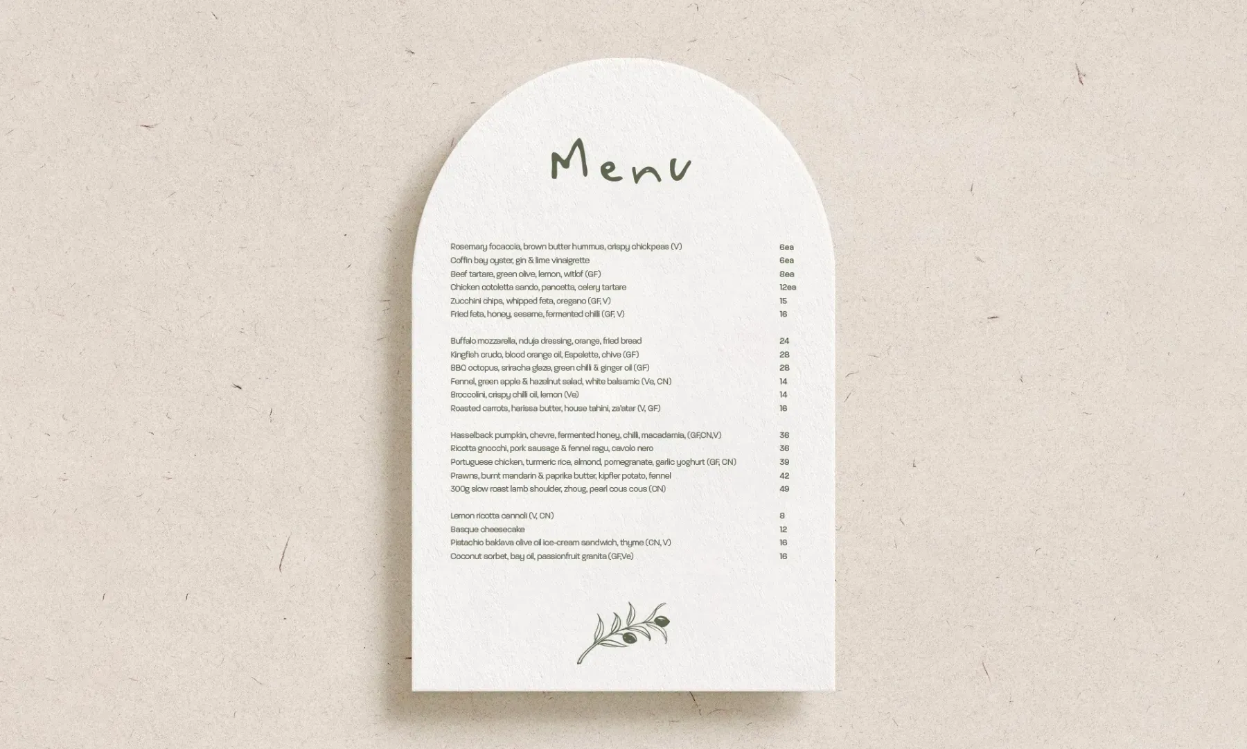 Olive restaurant menu design with the Olive identity