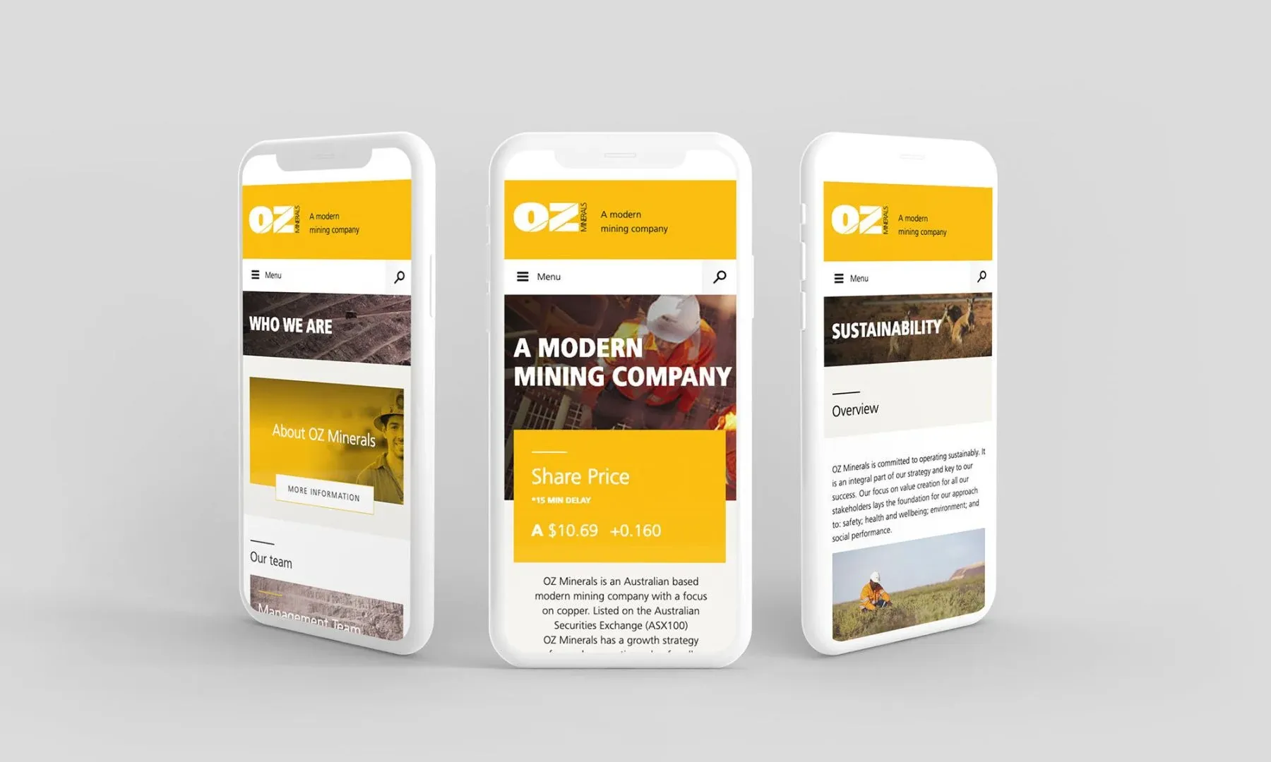 OZ Minerals responsive website shown across three mobile screens