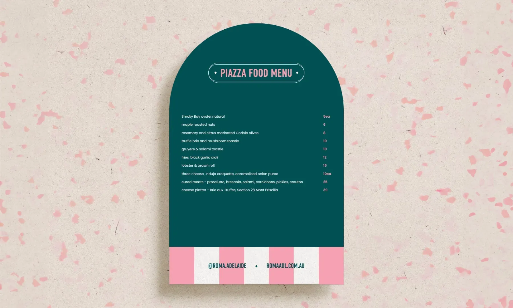 ROMA’s arched green food menu with pink and white stripes