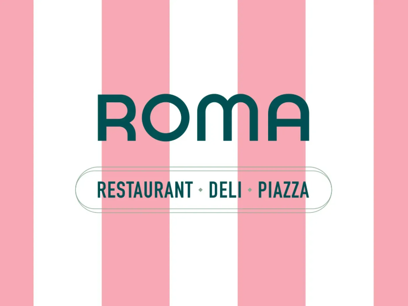 ROMA restaurant's pink and white striped brand identity