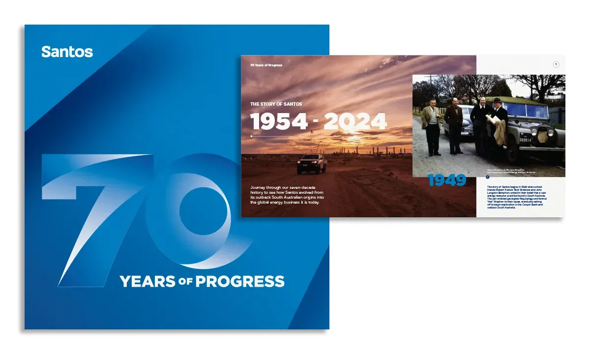 Santos 70 Years of Progress publication cover and illustrated history spread