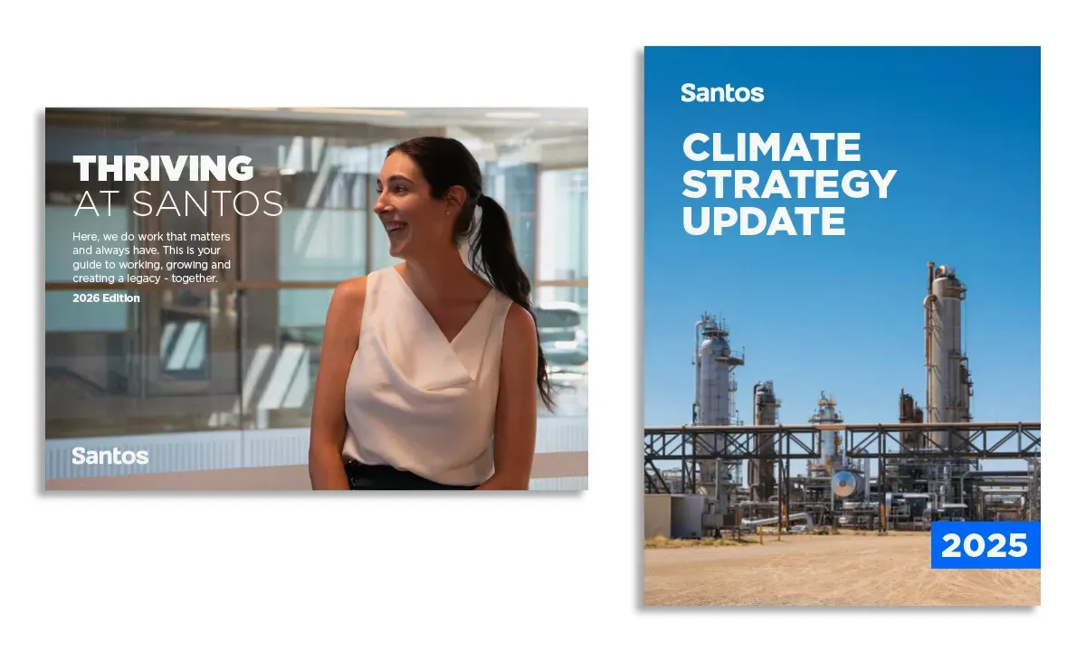 Santos Climate Strategy Update 2025 and Thriving at Santos publication designed by Brighter