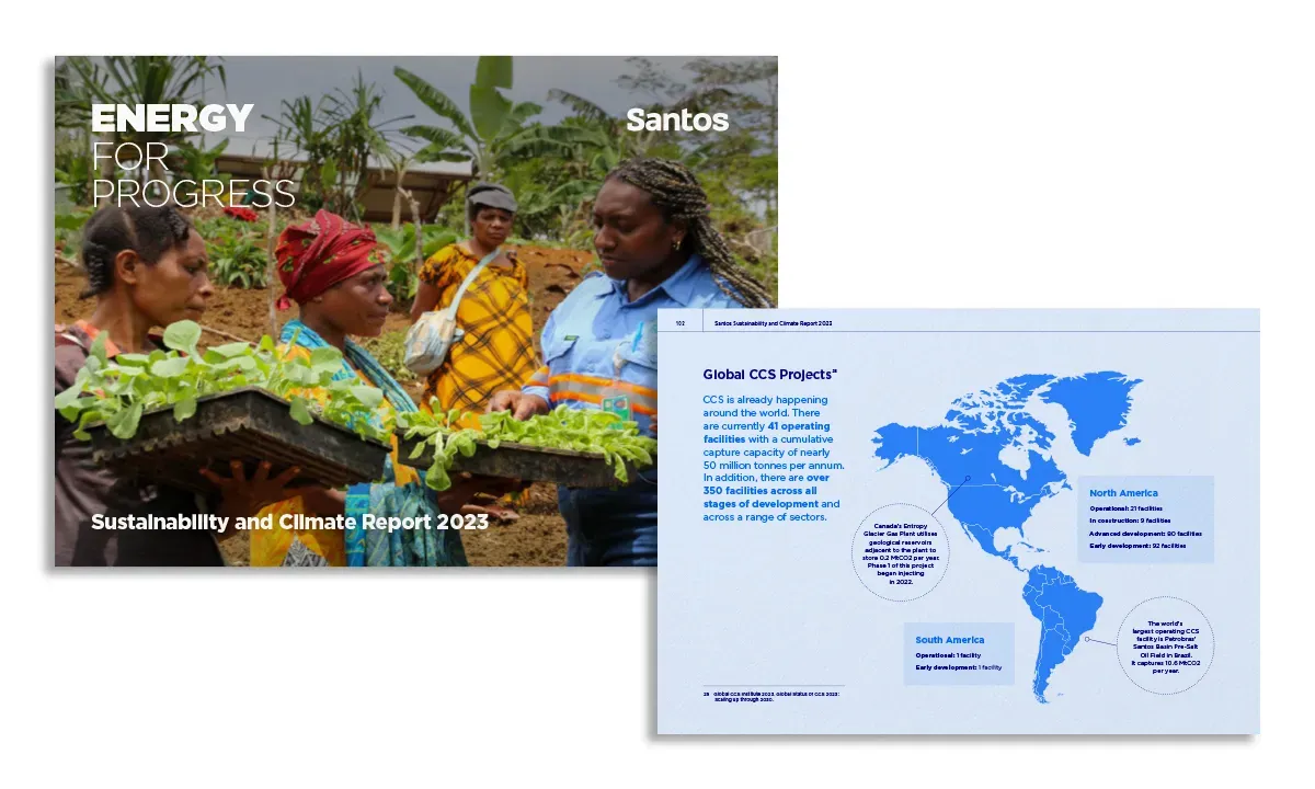 Santos Sustainability and Climate Report 2024 cover and an interior spread with a global project map