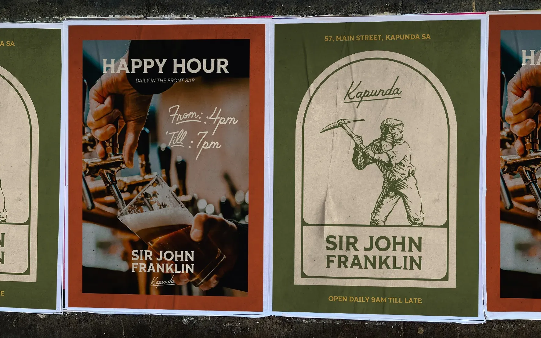 Sir John Franklin pub posters with copper-toned branding