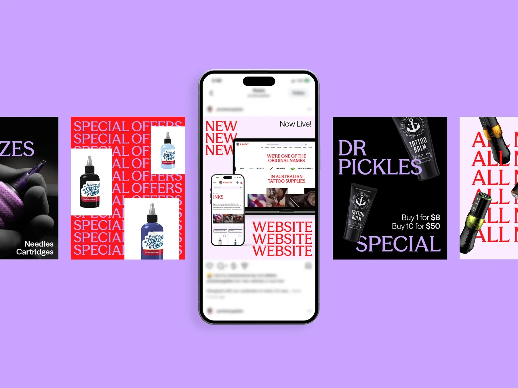 Protat social campaign with website launch and product offers around an Instagram phone mockup