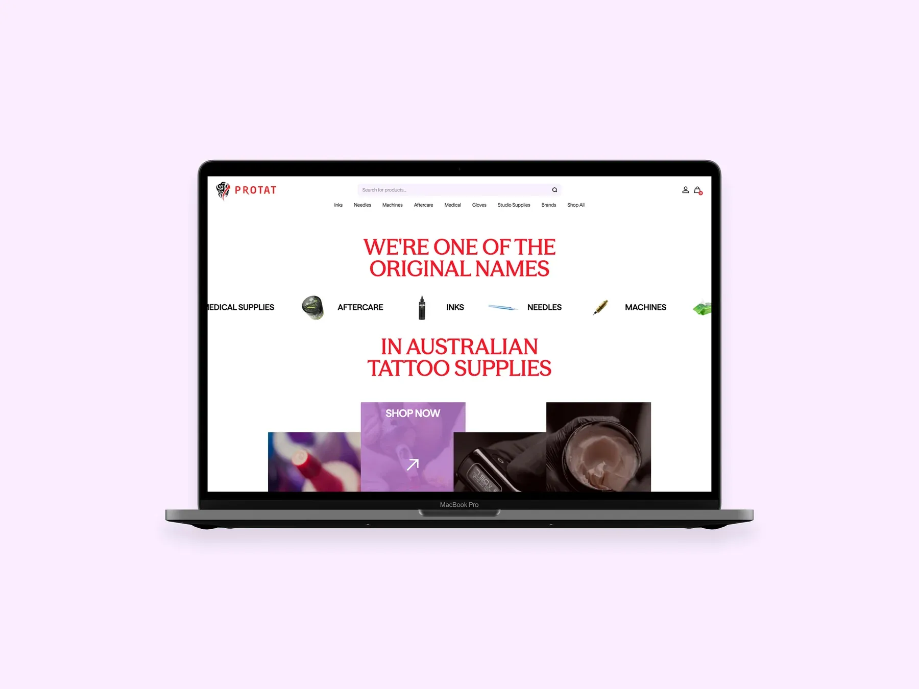 Protat’s ecommerce website displayed on a laptop against a pale lilac background